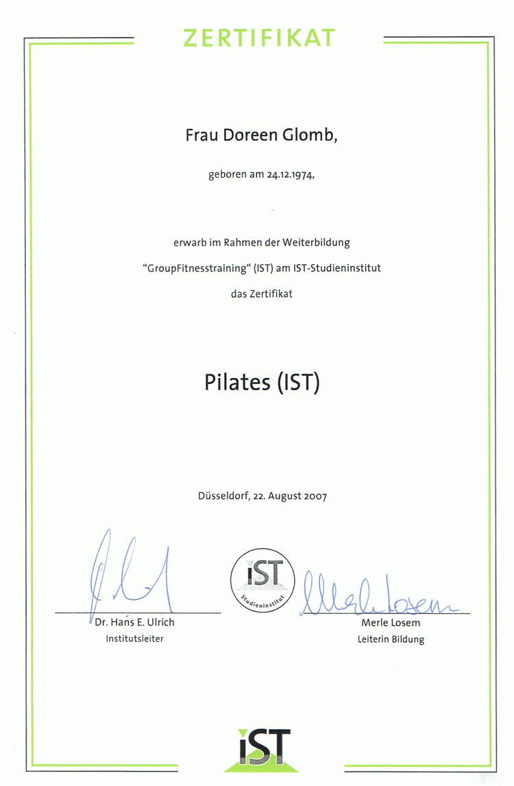 Pilates Zertifikat Doreen Glomb